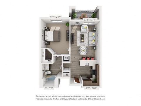 Floor plan for 1 bed, 1 bath, 763 sqft